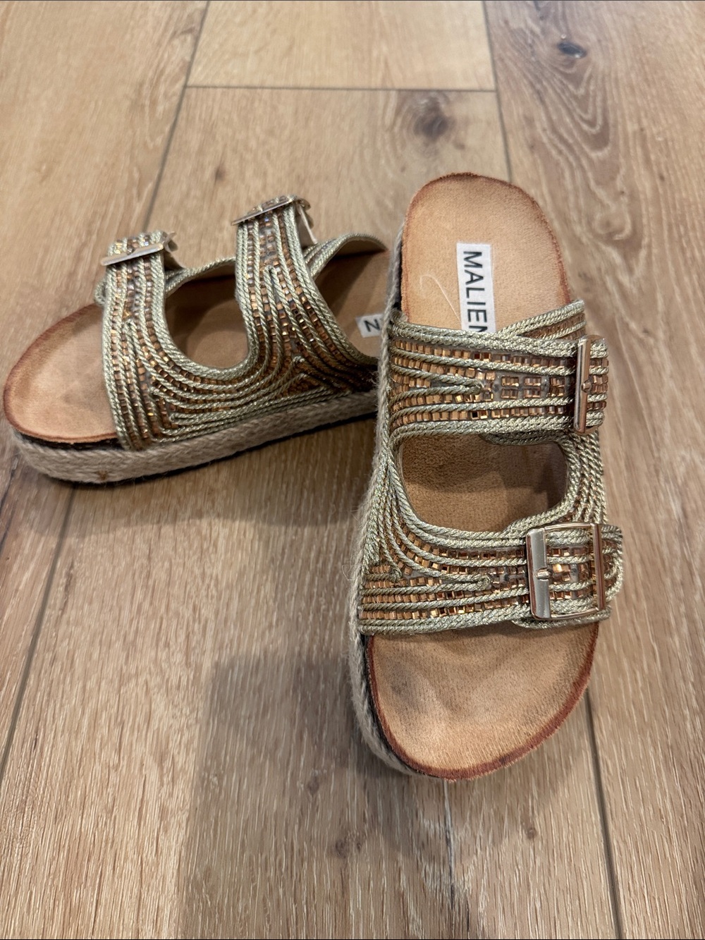 Metallic Gold Braided Double-Buckle Sandals for Women size 6